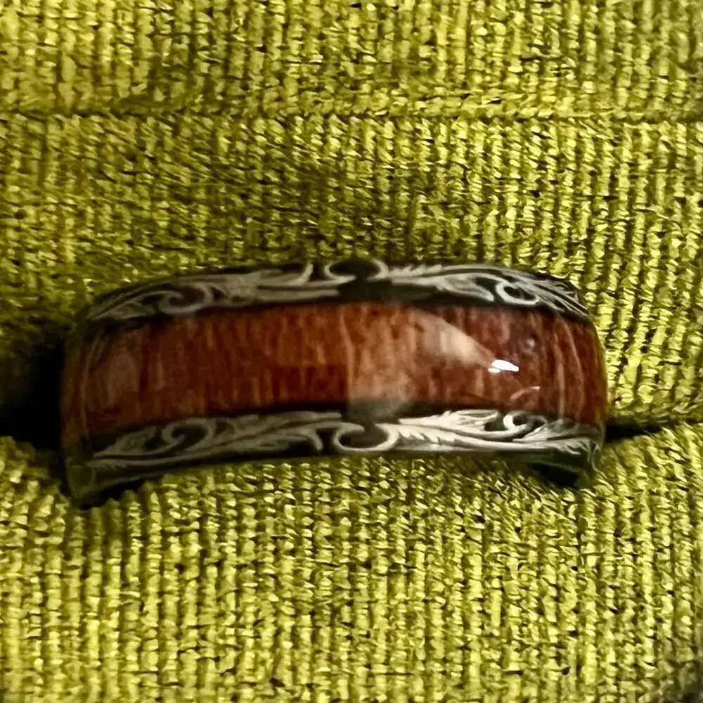 8 mm Koa Wood Mens Wedding Band with Laser Etched Black Titanium Steel Unisex Ba